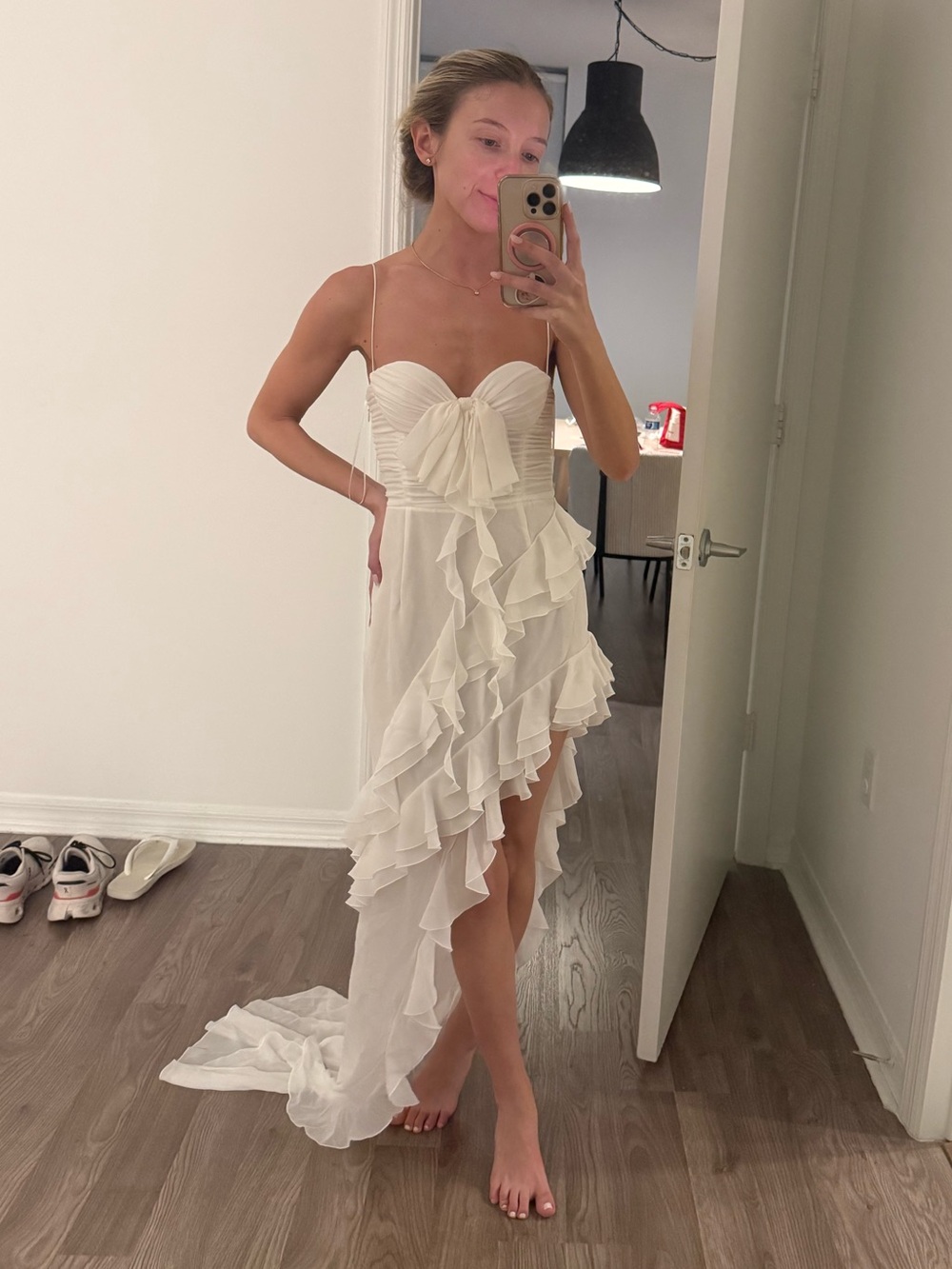 Elegant White Ruffled Spaghetti-Strap Evening Dress - Picture 5 of 5